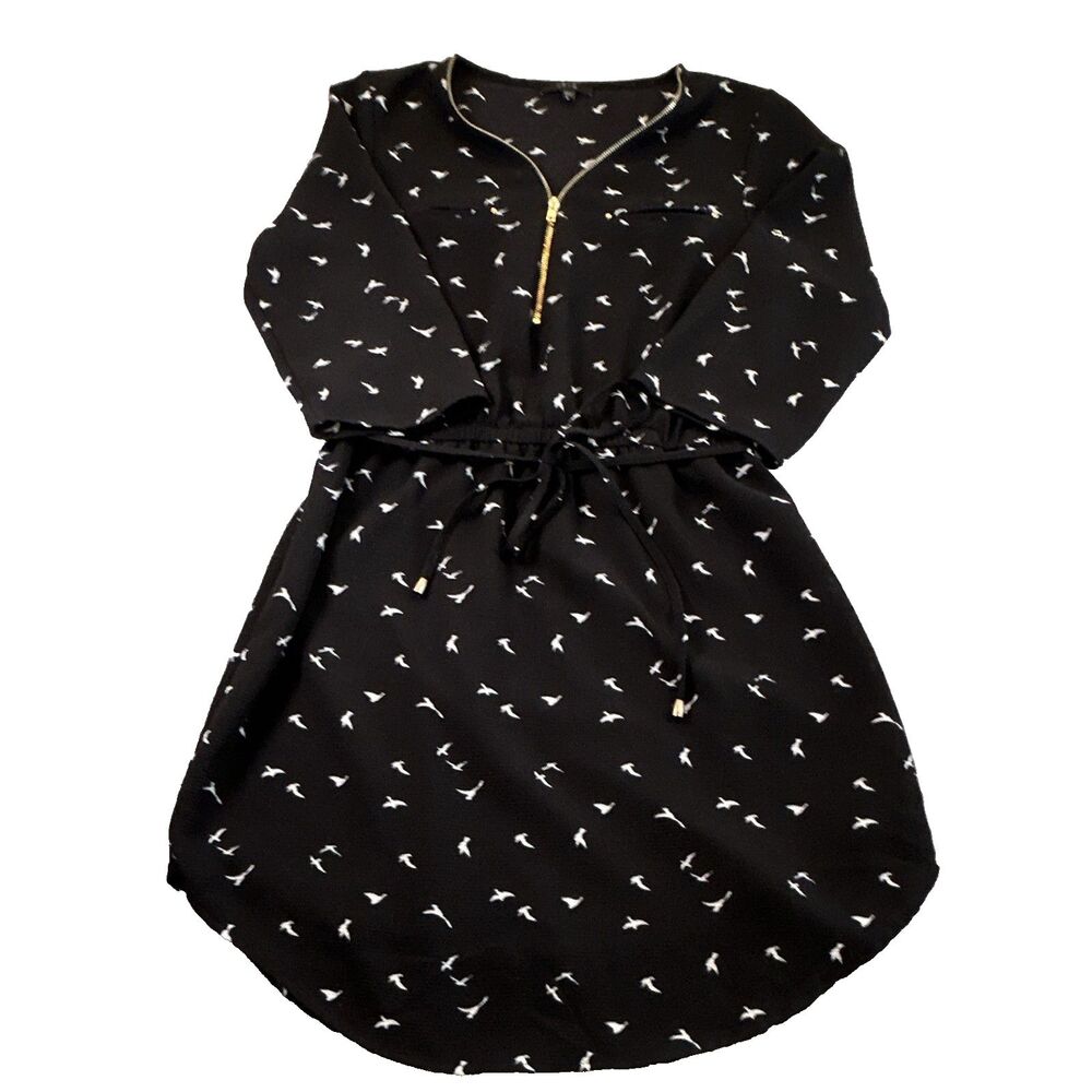 IRIS Dress Womens Size L Black White Bird Print Elastic Waist Zip Neck Crepe